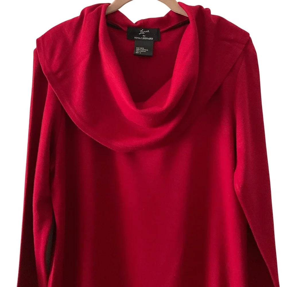 Nina Leonard Womens Red Cowl Neck Long Sleeve Knit Sweater Midi Dress Size L